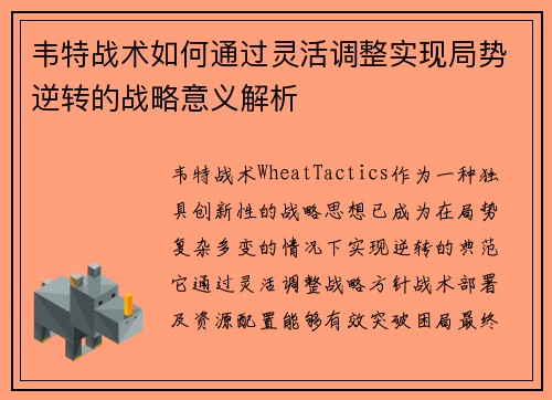 韦特战术如何通过灵活调整实现局势逆转的战略意义解析 韦特战术如何通过灵活调整实现局势逆转的战略意义解析