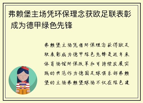 弗赖堡主场凭环保理念获欧足联表彰 成为德甲绿色先锋 弗赖堡主场凭环保理念获欧足联表彰 成为德甲绿色先锋